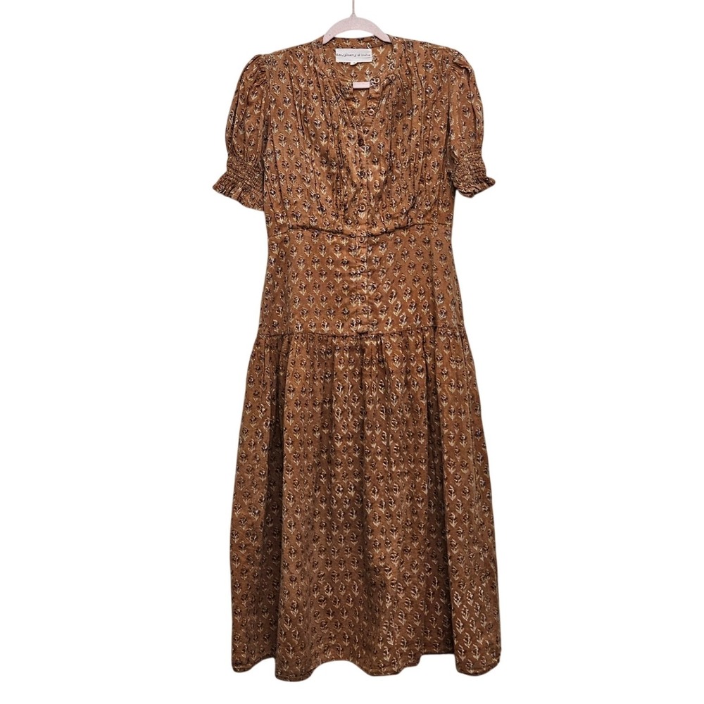 Daughters of India Midi Maxi Dress S Brown Floral Tiered Boho Prairie Indie